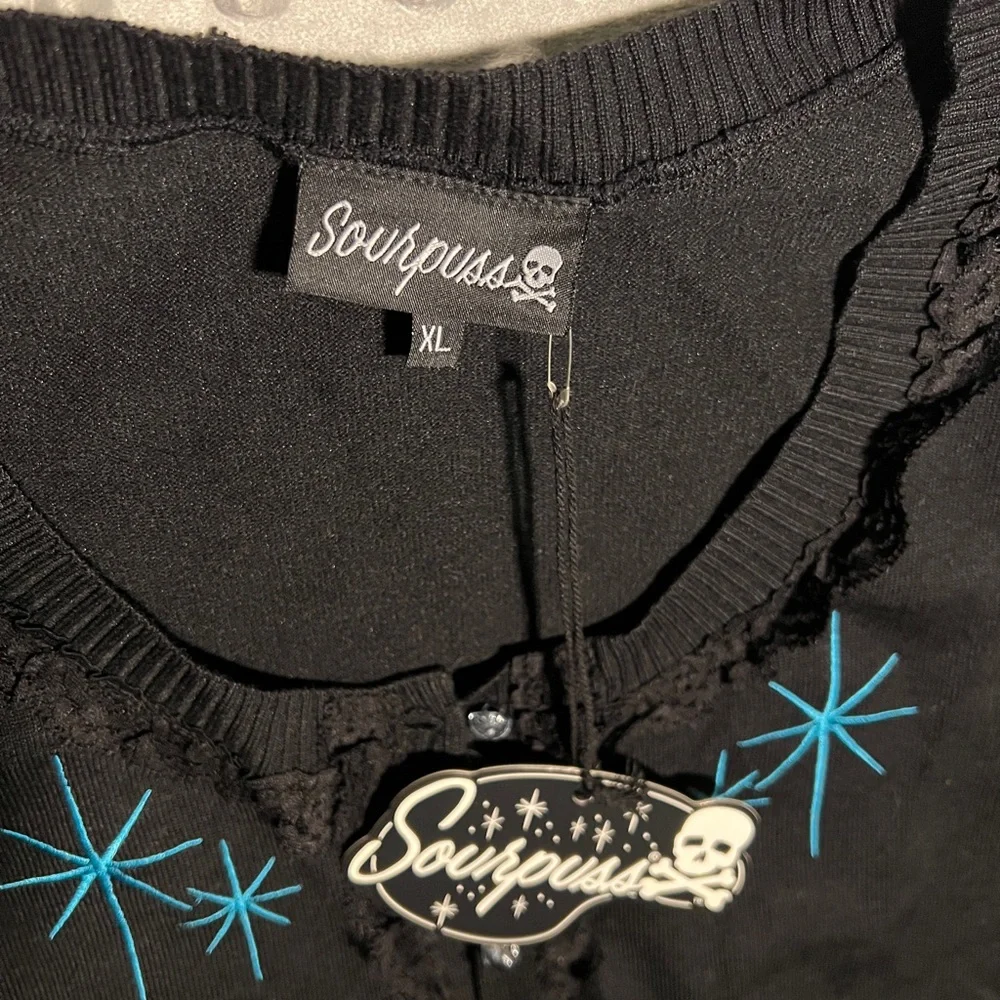 Sourpuss Black Form Fitting Cardigan with Aqua Starburst and Lace Sz XL NWT - Picture 6 of 10